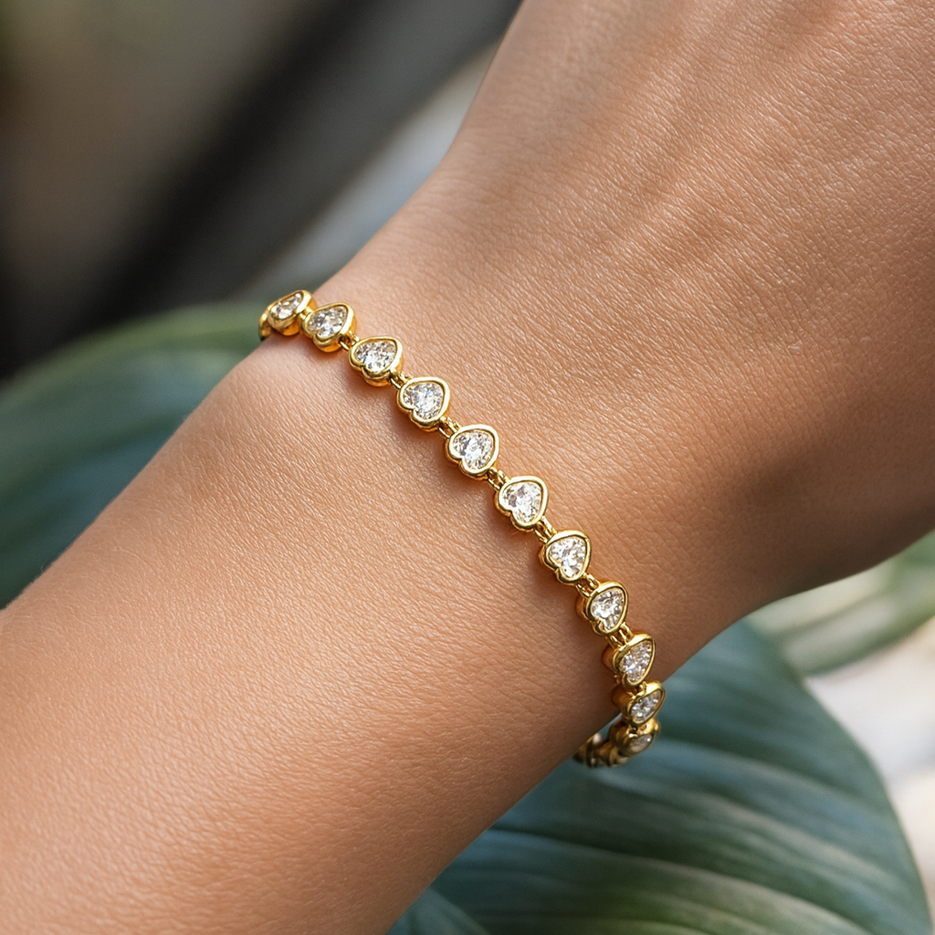 SERENA Love Gold Bracelet worn on wrist, sparkling cubic zirconia and 18K gold PVD bracelet – CCaura