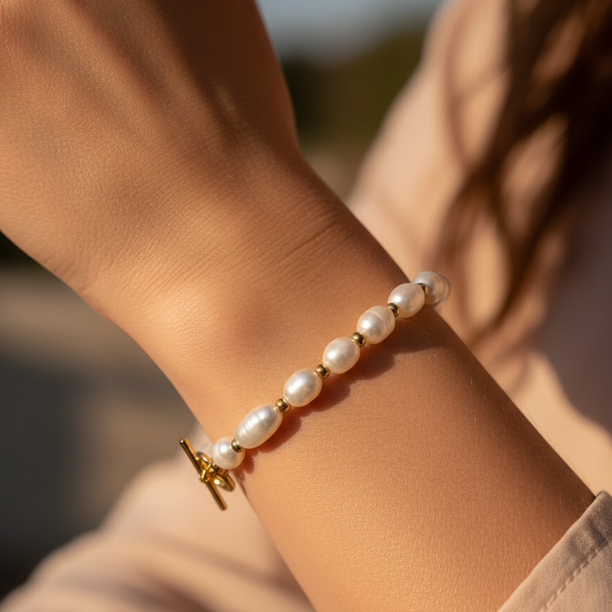 Eden Pearl Bracelet worn on wrist, close up ,freshwater pearl and gold spacers with heart toggle for closure by CCaura