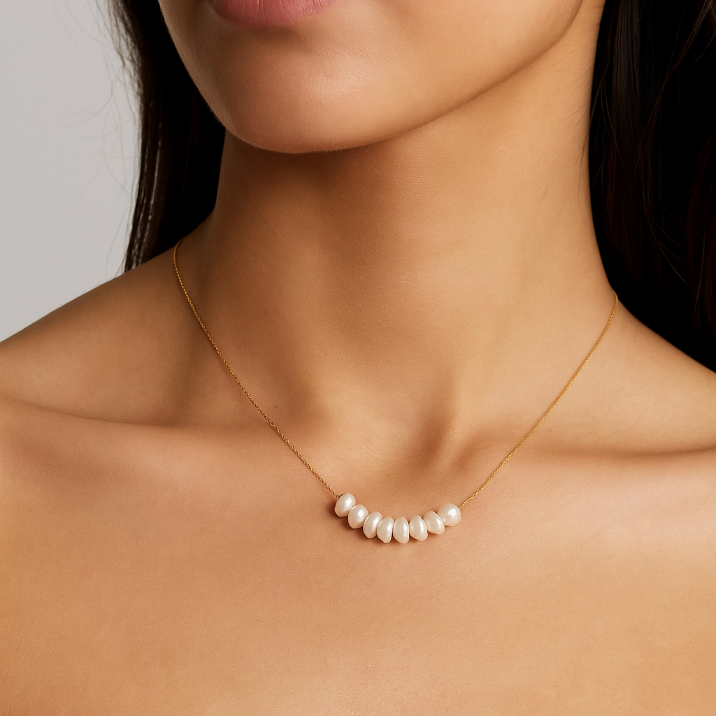 LUNA Pearl Necklace – 18k gold PVD necklace and 8 fresh water pearls on worn by model-CCaura