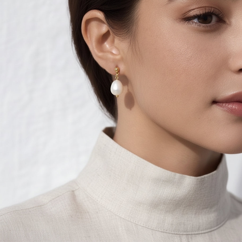 FLORA Drop Pearl Gold Earrings worn by model– CCaura