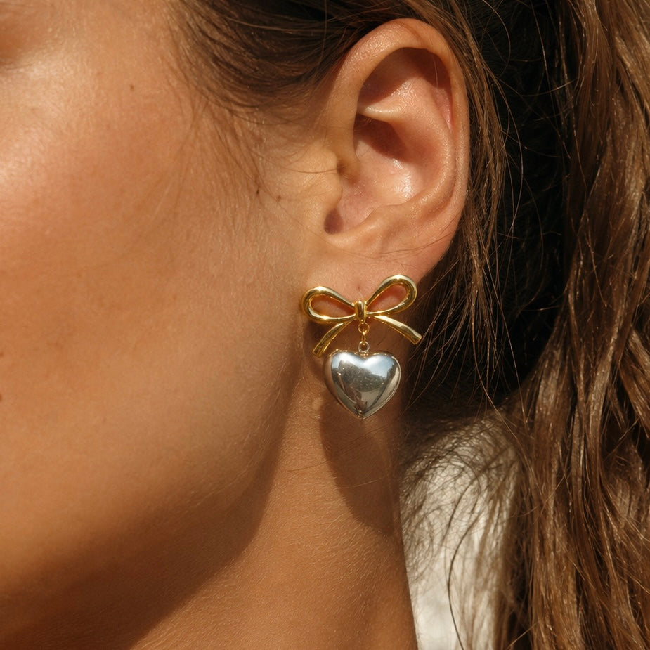 ISABEL Bow Heart Earrings worn by model– CCaura