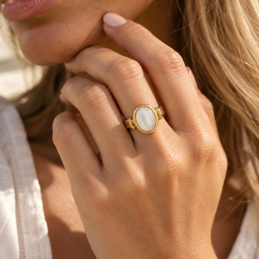 IRIS GOLD RING - 18k gold PVD and a natural oval stone worn by model -CCAURA