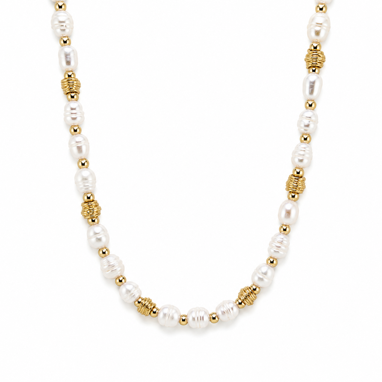 ISLA PEARL NECKLACE — Natural freshwater pearls with 18K gold PVD accents on white background by CCaura