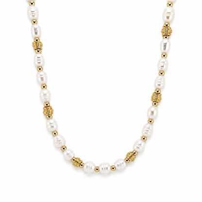 ISLA PEARL NECKLACE — Natural freshwater pearls with 18K gold PVD accents on white background by CCaura