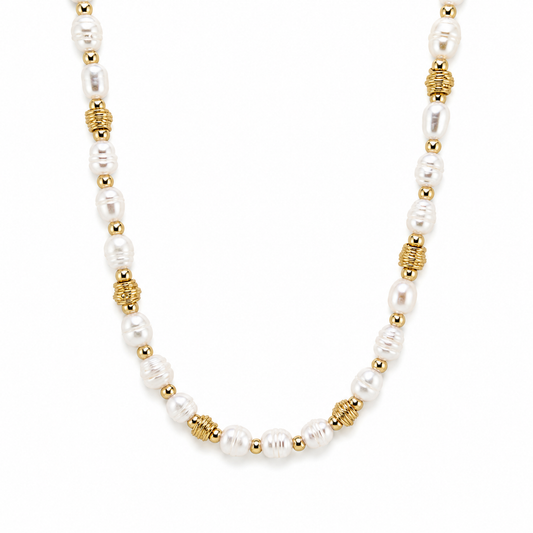 ISLA PEARL NECKLACE — Natural freshwater pearls with 18K gold PVD accents on white background by CCaura