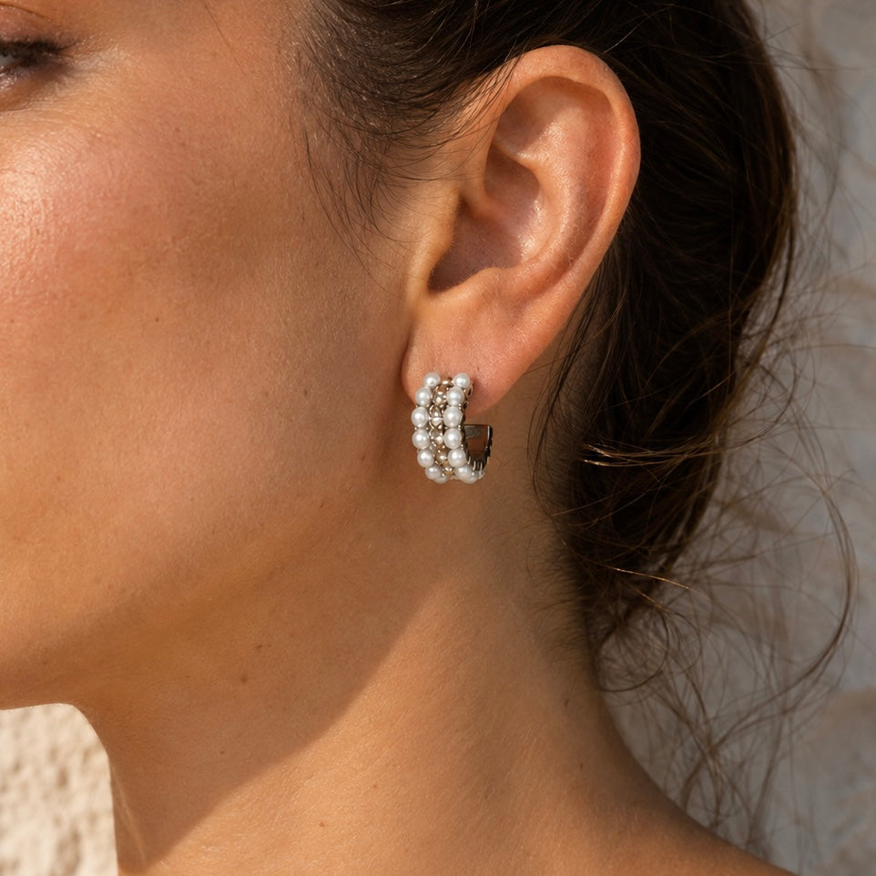 DANIELLA PEARL SILVER HOOPS silver earrings CCaura white background