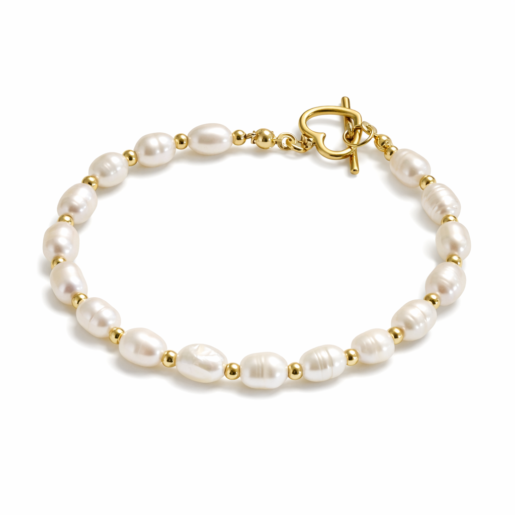 Eden Pearl Bracelet – freshwater pearls with 18K gold-plated beads, heart toggle clasp-CCaura