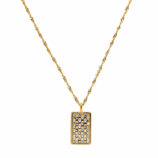 LUCY CRYSTAL BAR GOLD NECKLACE  -18K Gold PVD  textured chain, rectangle pendant with  Crystals -on white background. CCAura