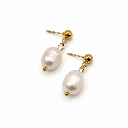 FLORA Drop Pearl Gold Earrings  on white background– CCaura
