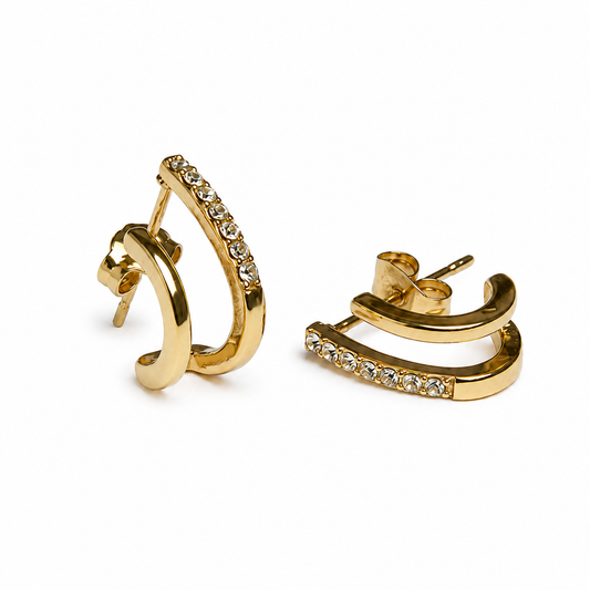 RADIANT LINK MINI HOOPS, double-bar 18K Gold PVD mini hoop earrings with crystal pavé, on white background, CCAura