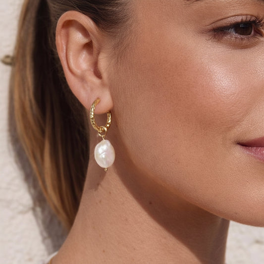 ISLA Baroque Pearl Hoops worn  BY MODEL– CCAura