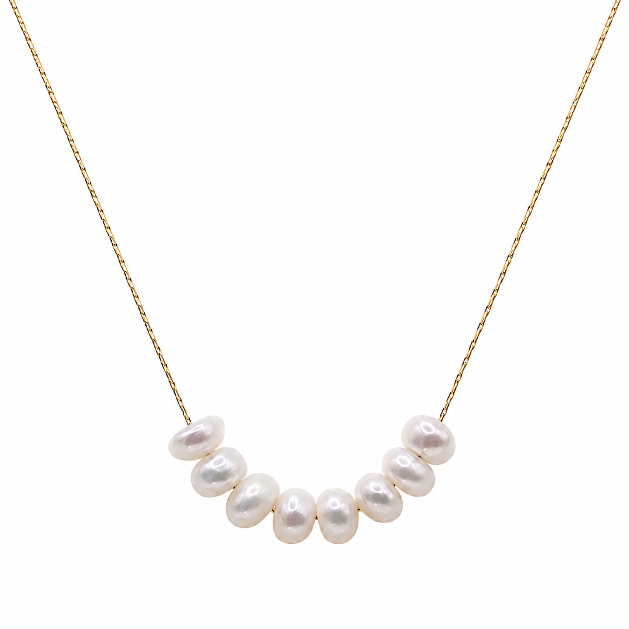 LUNA PEARL NECKLACE, freshwater pearls, 18K Gold PVD chain necklace on white background, CCaura