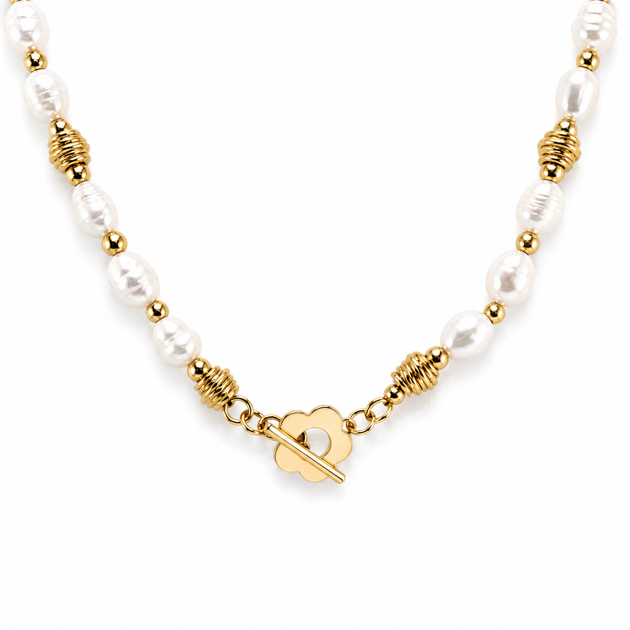 Close-up of Isla Pearl Necklace freshwater pearl and gold toggle clasp on white background — CCaura