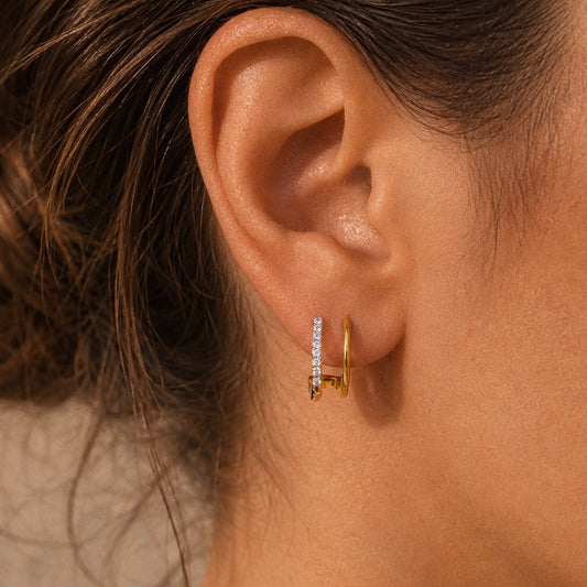 RADIANT LINK MINI HOOPS, double-bar 18K Gold PVD mini hoop earrings with crystal pavé, worn by model, CCAura