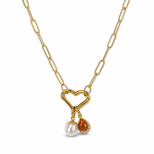 ELISA HEART GOLD NECKLACE -18K Gold PVD textured paperclip chain, freshwater pearl pendant, heart toggle clasp on white background CCAura