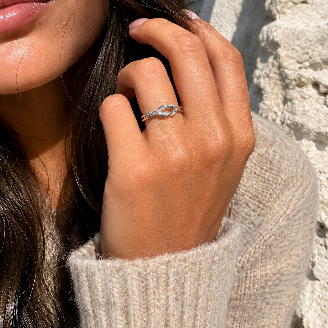 ETERNAL KNOT SILVER RING, crystal pavé infinity knot double band silver ring, worn by model, CCAura