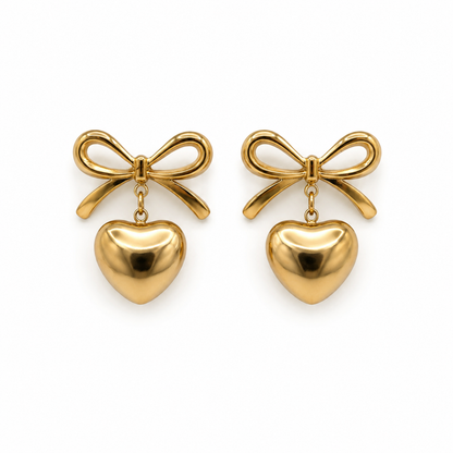 MINI Bow Heart Gold Studs  on white background– CCaura