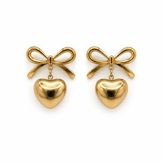 MINI Bow Heart Gold Studs  on white background– CCaura