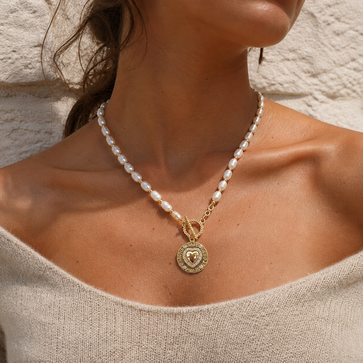 THALIA PEARL NECKLACE — Freshwater Pearls, gold toggle clasp  & Gold Coin Pendant worn by model-CCaura