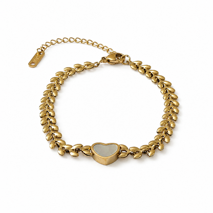ELODIE GOLD HEART BRACELET - 18K gold PVD coating, polished teardrop links, white heart centrepiece on white background - CCAura