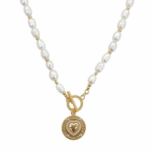 THALIA PEARL NECKLACE — Freshwater Pearls & Gold Coin Pendant, on white background-| CCaura