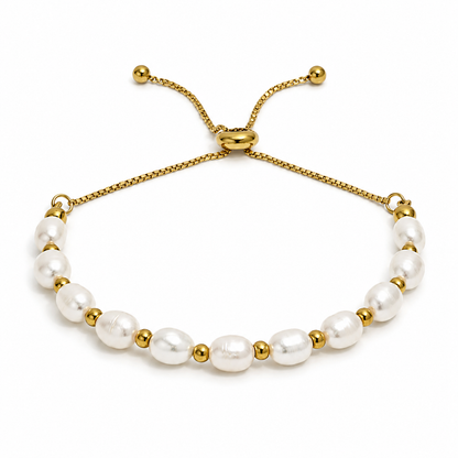 LUNA PEARL BRACELET, freshwater pearls and 18K Gold PVD beads, adjustable slider bracelet, on white background, CCAura