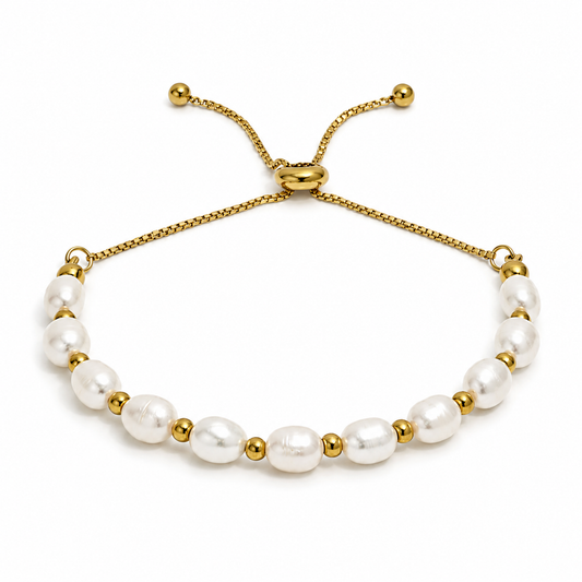 LUNA PEARL BRACELET, freshwater pearls and 18K Gold PVD beads, adjustable slider bracelet, on white background, CCAura