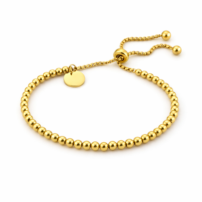 SOLARA Gold Bracelet, polished 18K gold PVD beads with adjustable sliding clasp, 17cm with extender, flat lay – CCaura