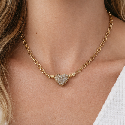 VALENTINA Gold Heart Necklace worn  by model– CCaura