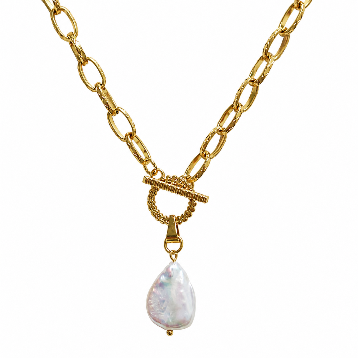 Capri Keishi pearl Toggle Necklace, Close up on white background-18K gold PVD, natural Keishi pearl, front Gold Toggle charm -CCaura