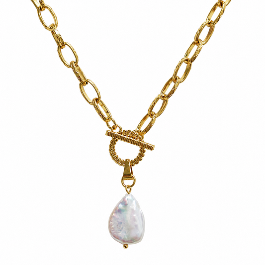 Capri Keishi pearl Toggle Necklace, Close up on white background-18K gold PVD, natural Keishi pearl, front Gold Toggle charm -CCaura