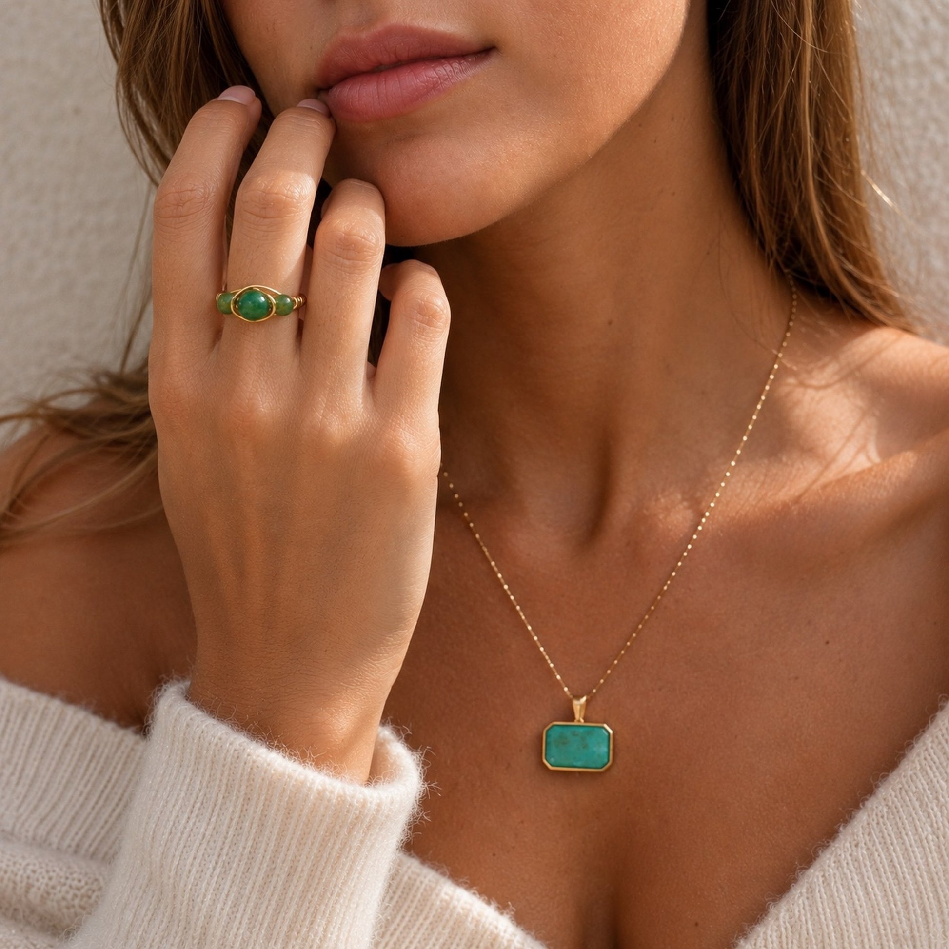 Jade Halo Gold Ring worn by model with matching necklace against a neutral background- CCAURA
