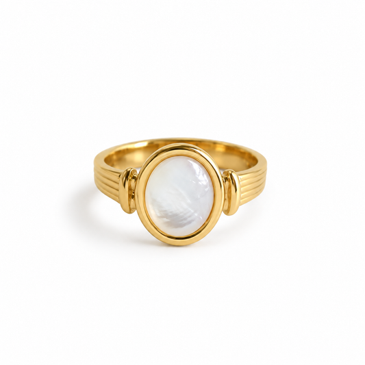 IRIS GOLD RING- 18k gold PVD coating with oval opal stone on white background- CCAURA 