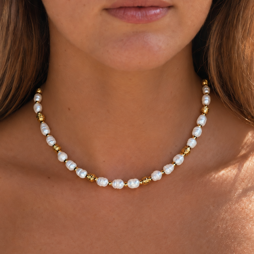 ISLA PEARL NECKLACE High grade Fresh Water Pearl Necklace worn by model - CCAURA 