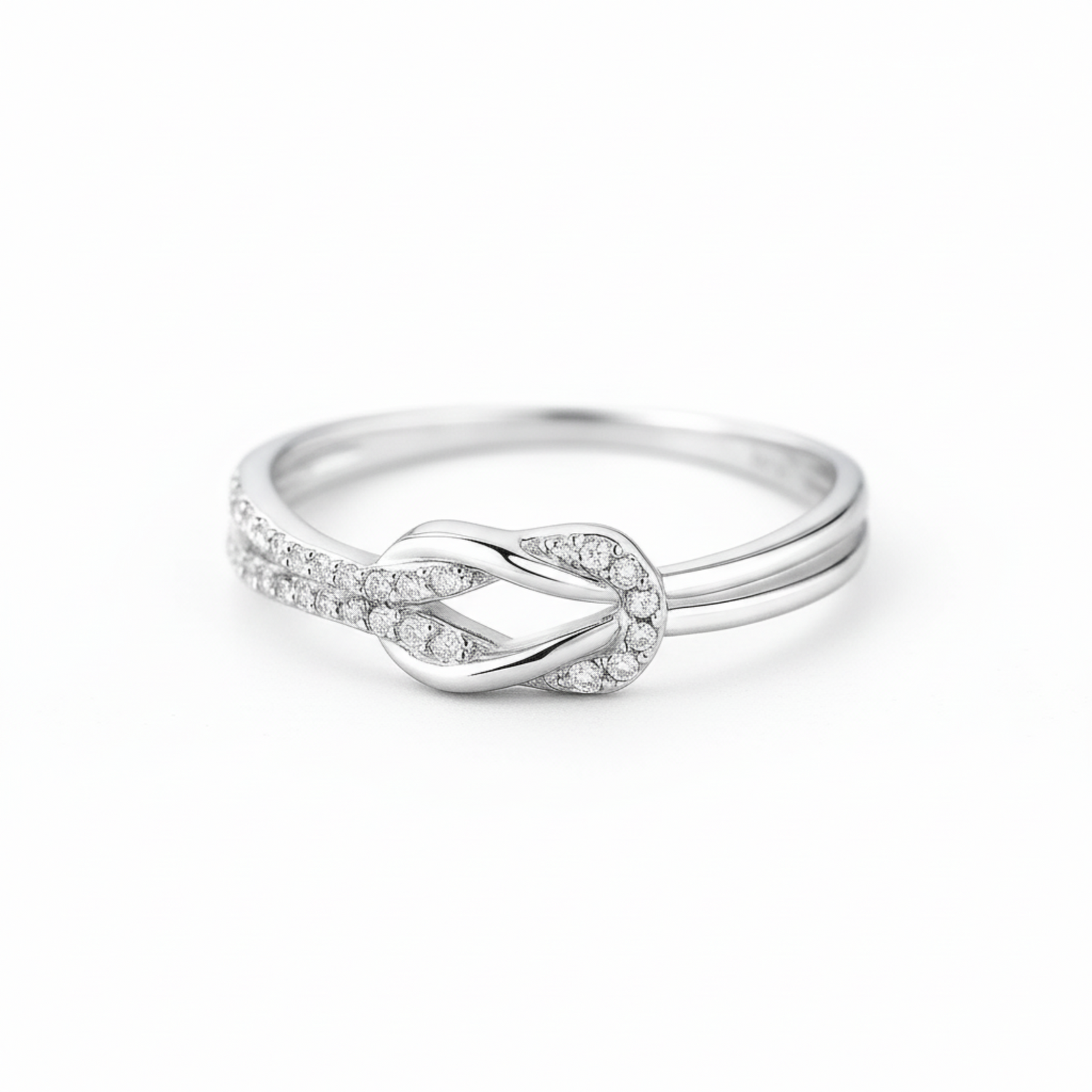 ETERNAL KNOT SILVER RING, crystal pavé infinity knot double band 925 sterling silver ring, on white background, CCAura